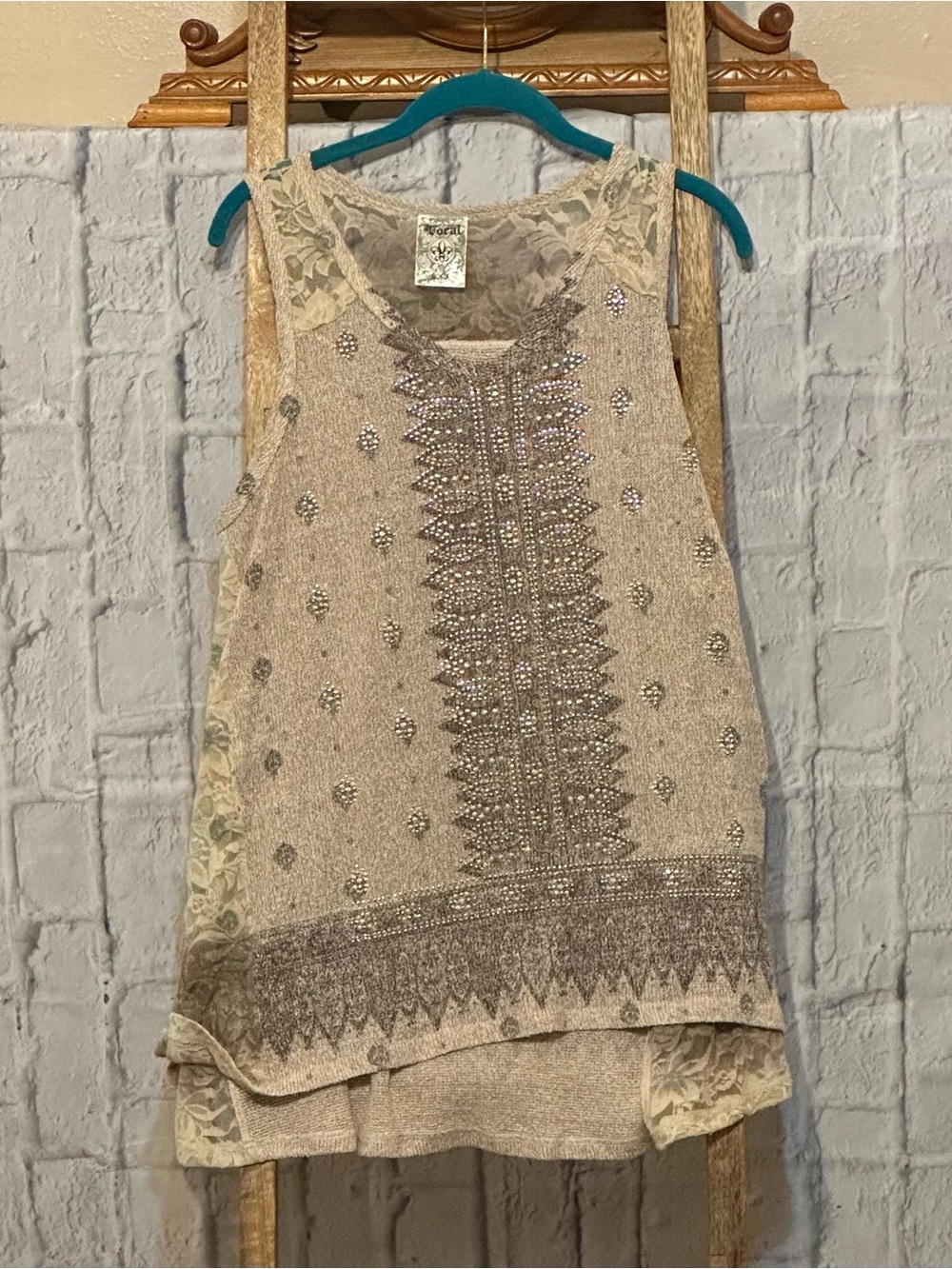 Vocal Beige Embellished Boho Lace Tank